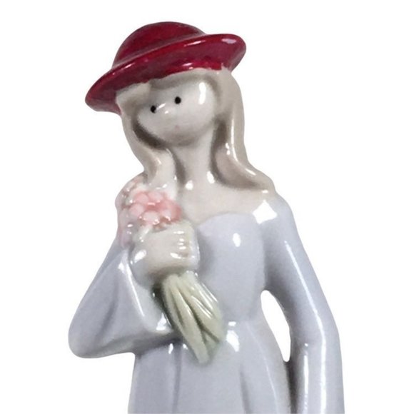 Vintage Ceramic Figurine Woman In Red Hat Holding Flowers 7" Tall Floral Details - Picture 1 of 8